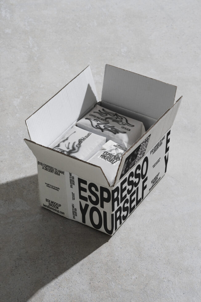 Box mockup with bold graphic design and espresso yourself text. Ideal for packaging designers seeking creative mockup assets for branding and presentation.