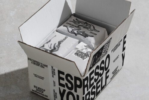 Box mockup featuring coffee packaging design suitable for branding presentations and marketing materials. Ideal for graphic designers and template creators.