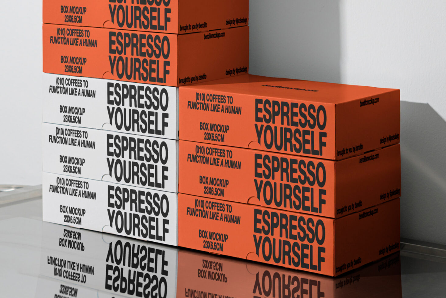 Stacked orange and white coffee box mockups with bold typography saying Espresso Yourself, ideal for designers. Keywords: mockups, coffee, packaging.