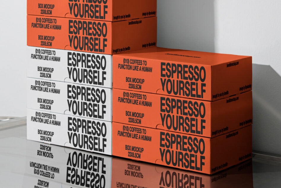 Orange coffee box mockup arrangement with white boxes stacked side by side