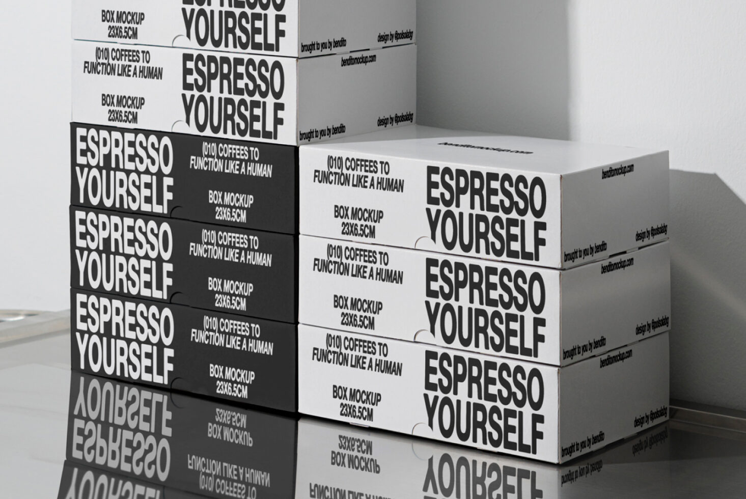 Box mockup stack featuring Espresso Yourself packaging design with bold typography. Perfect for showcasing coffee branding templates for designers.