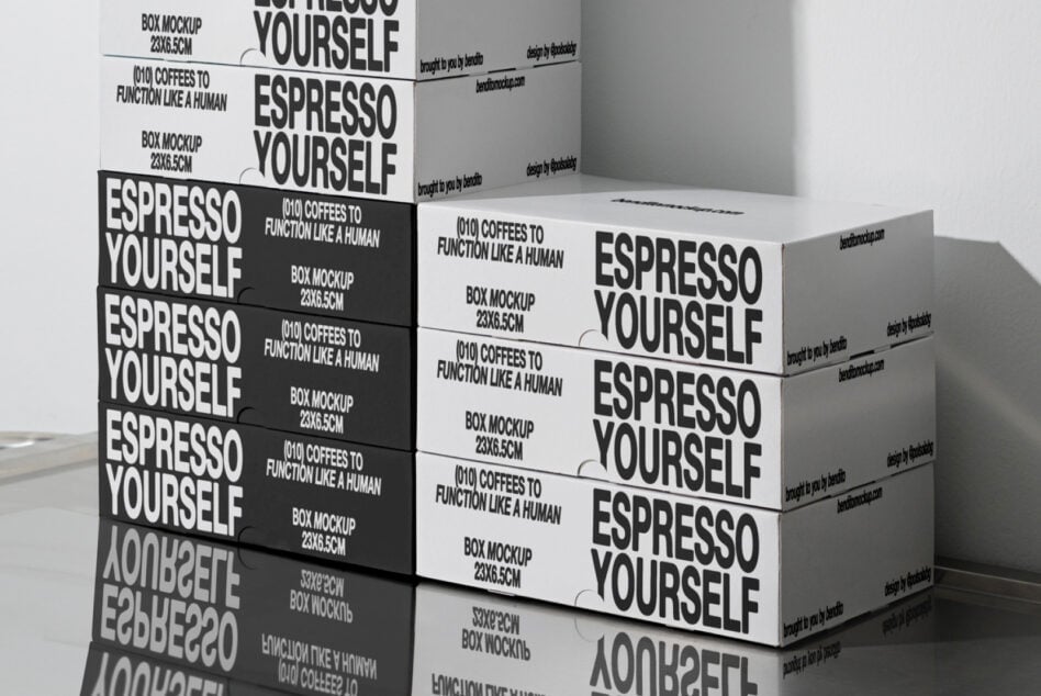 Black coffee box mockup arrangement with white boxes stacked side by side