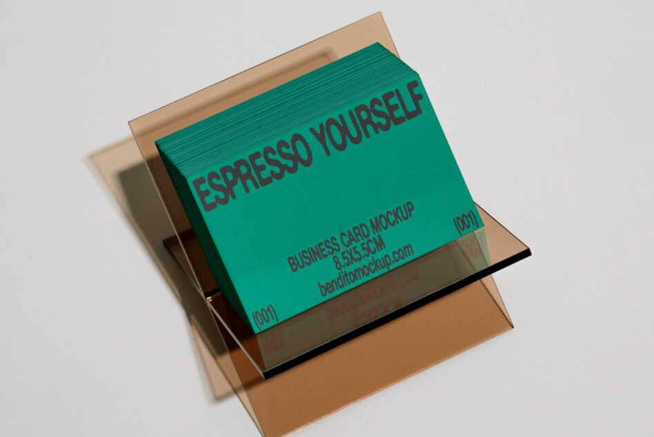 Business card mockup featuring bold typography with a stack of teal cards in a transparent holder Ideal for designers showcasing professional branding templates