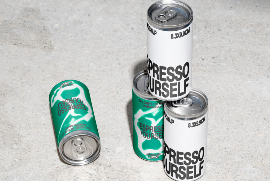 Canned beverage mockup with modern typography design. Ideal for branding projects. Perfect for designers seeking creative packaging graphics.