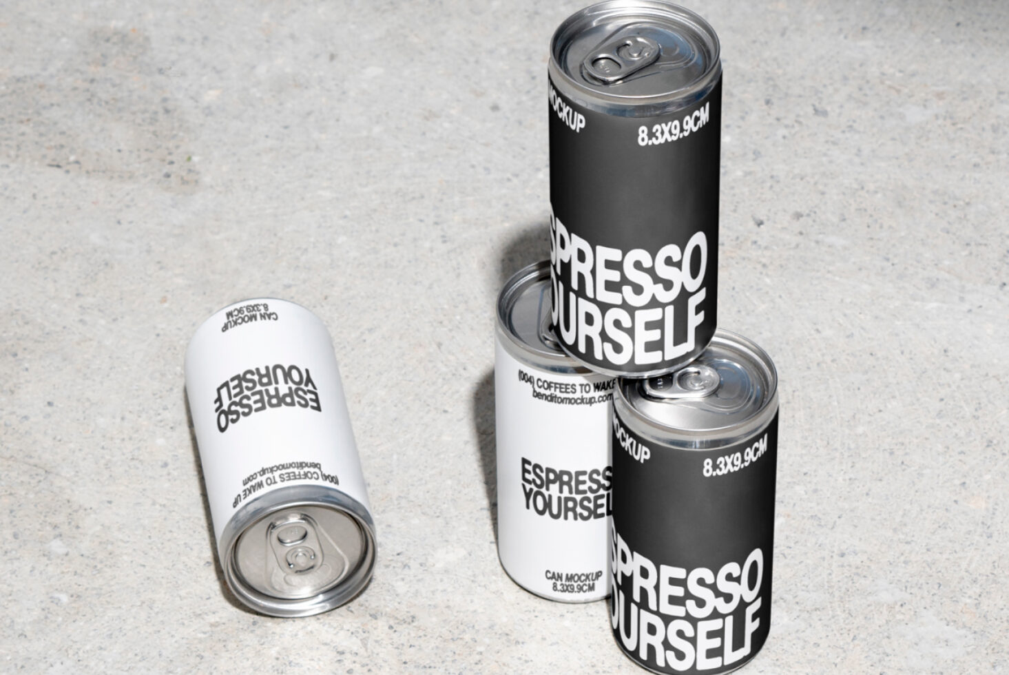 Espresso Yourself can mockup with modern typography for designers. Ideal for showcasing branding designs. Keywords: can mockup, graphic design, packaging.