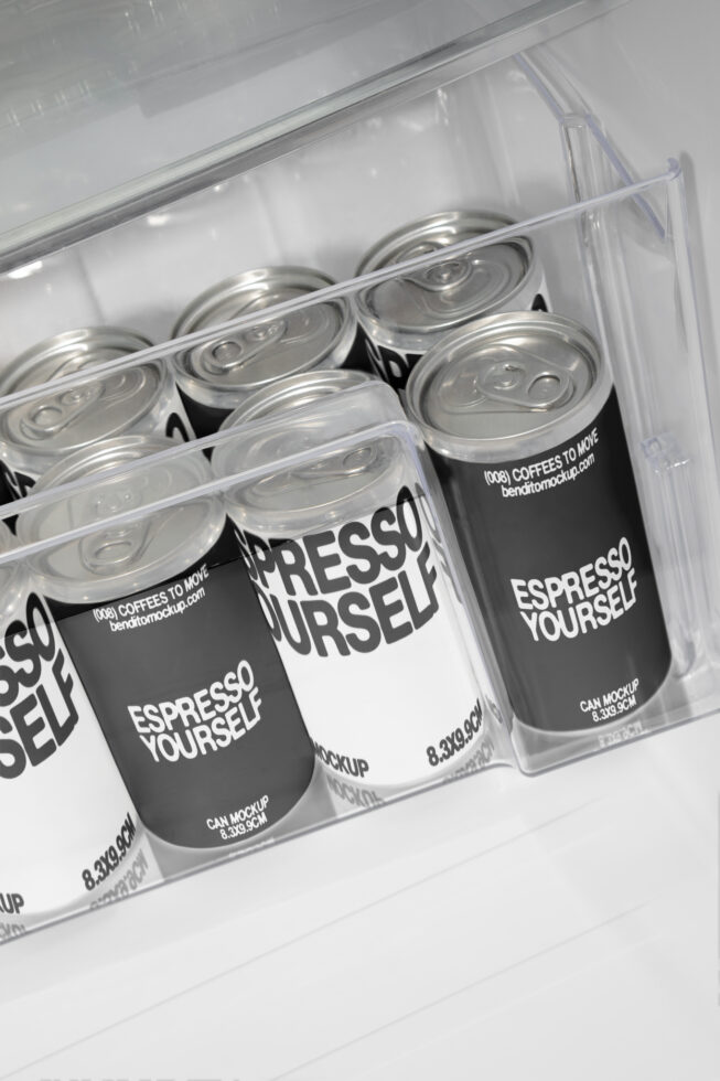 Canned coffee mockup in fridge displaying espresso branding design, suitable for packaging templates and digital assets for graphic designers.