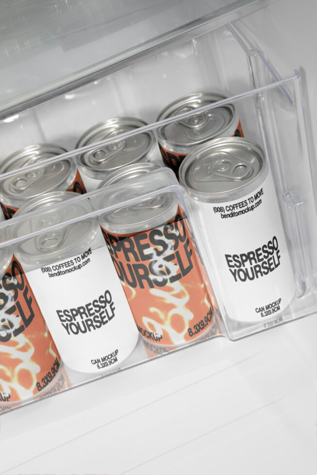 Can mockup featuring espresso drink design in fridge. Perfect for showcasing beverage branding. Ideal for designers seeking realistic packaging mockups.