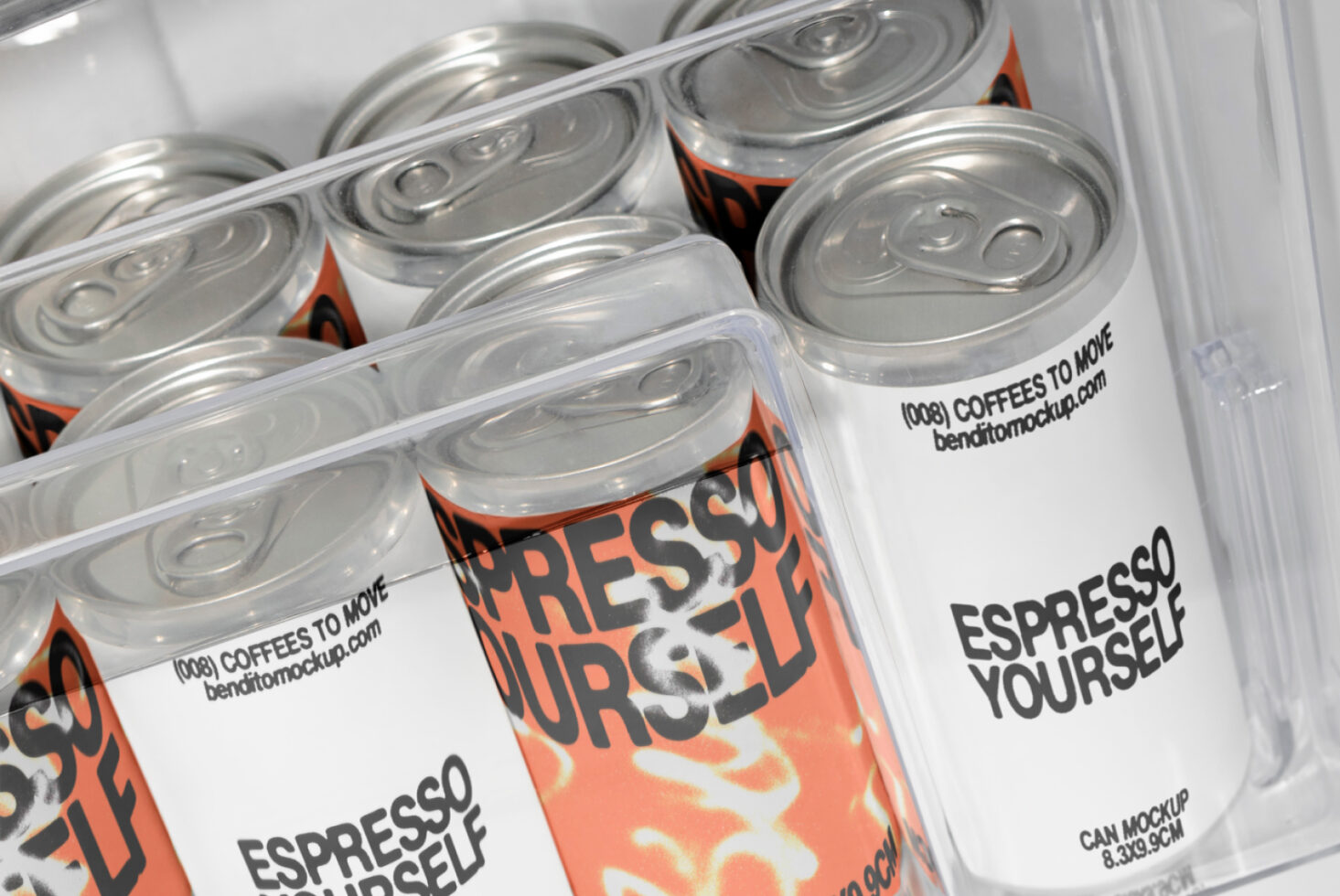 Can mockup for coffee brand Espresso Yourself featuring vibrant design in a transparent fridge setting ideal for branding designers and graphic templates.