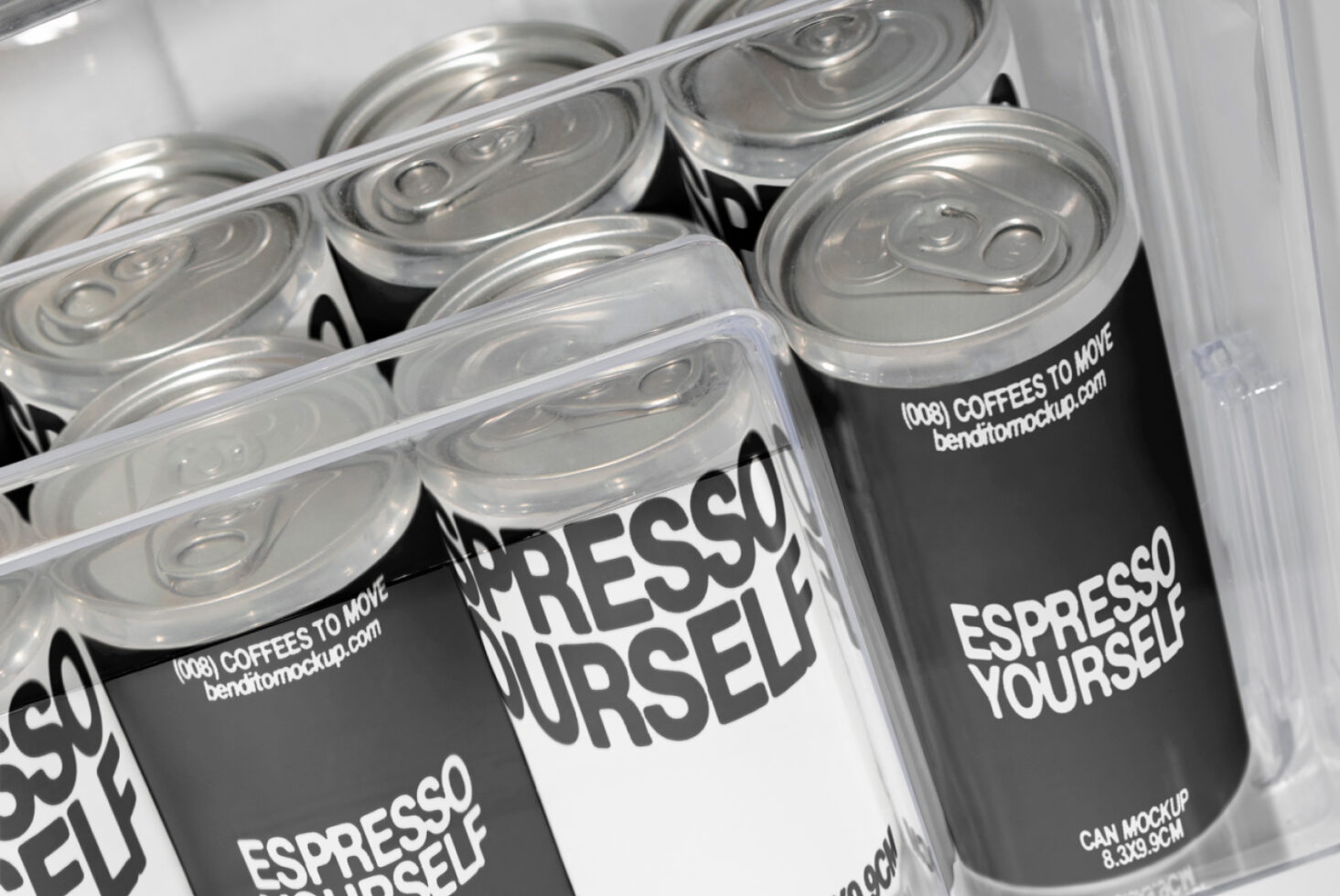 Cans with bold Espresso Yourself design in a transparent container, showcasing modern typography. Ideal for designers seeking creative can mockup templates.