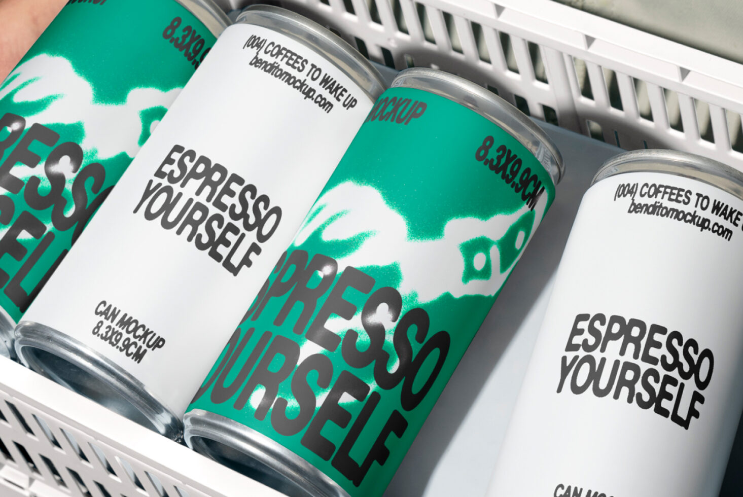 Coffee can mockup with Espresso Yourself label. Ideal for graphic designers, packaging template, and branding projects. Modern, colorful design asset.