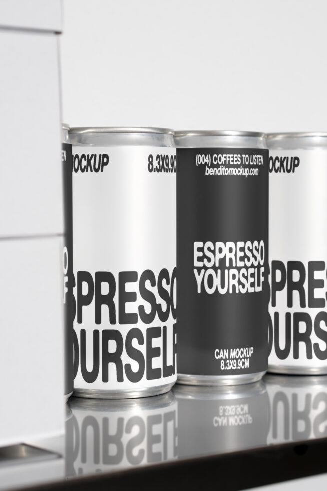 Mockup of coffee cans with bold typography design Espresso Yourself displayed on a reflective surface Keywords: mockups typography packaging design templates