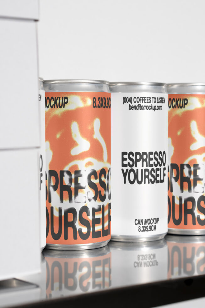 Mockup featuring cans with creative espresso-themed designs suitable for branding presentations. Ideal for designers in need of packaging templates.