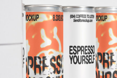 Mockup of two coffee cans with artistic labels positioned on a white background. Bold text design Espress Yourself. Perfect for branding designers.