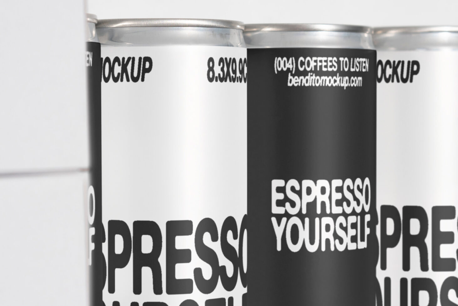 Mockup of canned coffee packaging featuring bold text Espresso Yourself on a black and white design. Ideal for branding and product design templates.