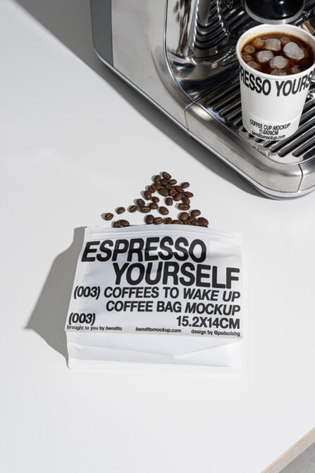 Coffee bag and cup mockup with espresso machine, showcasing modern design for graphic designers. Perfect for branding visuals in templates.