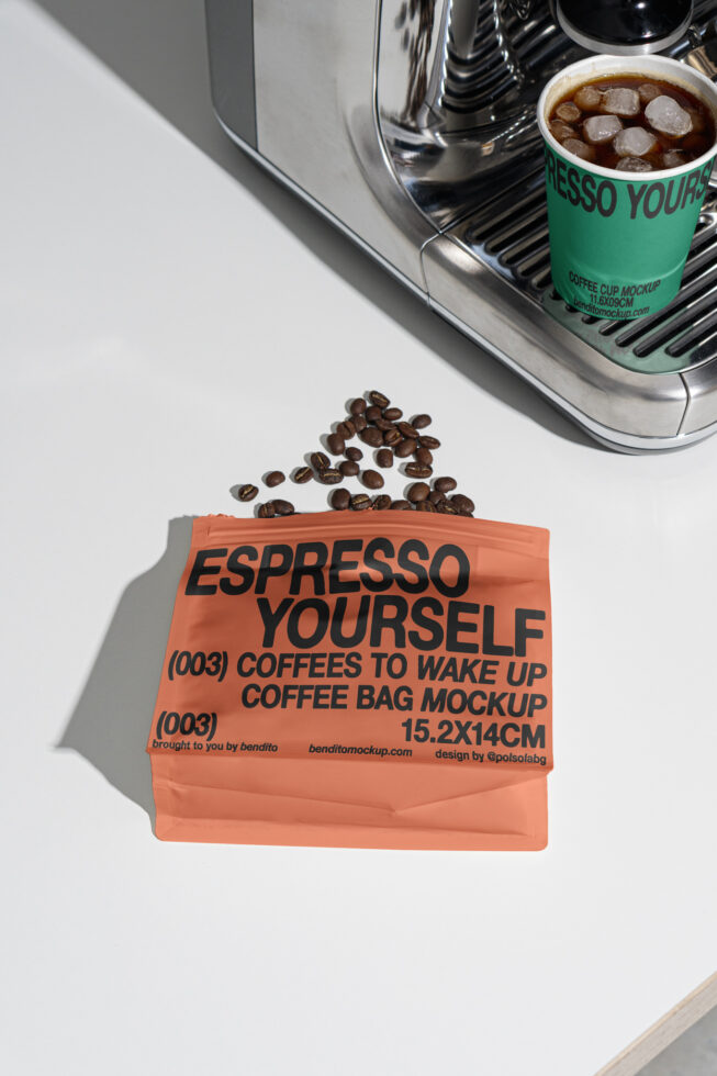 Modern coffee bag and cup mockup with espresso machine for packaging design. Ideal for showcasing branding, product graphics, and marketing templates.