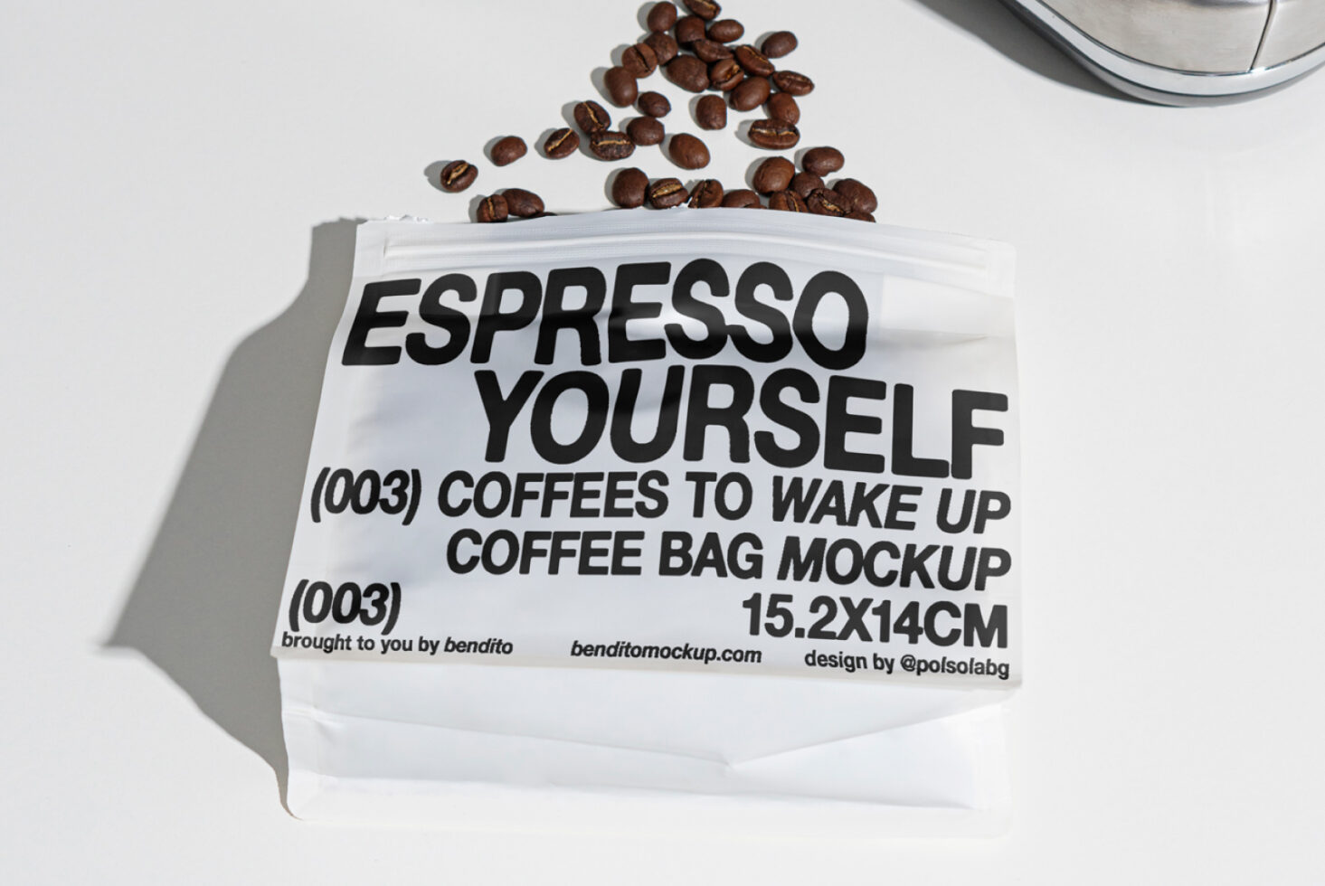 Coffee bag mockup with bold typography Espresso Yourself placed on a white surface with scattered coffee beans. Ideal for designers seeking package designs.