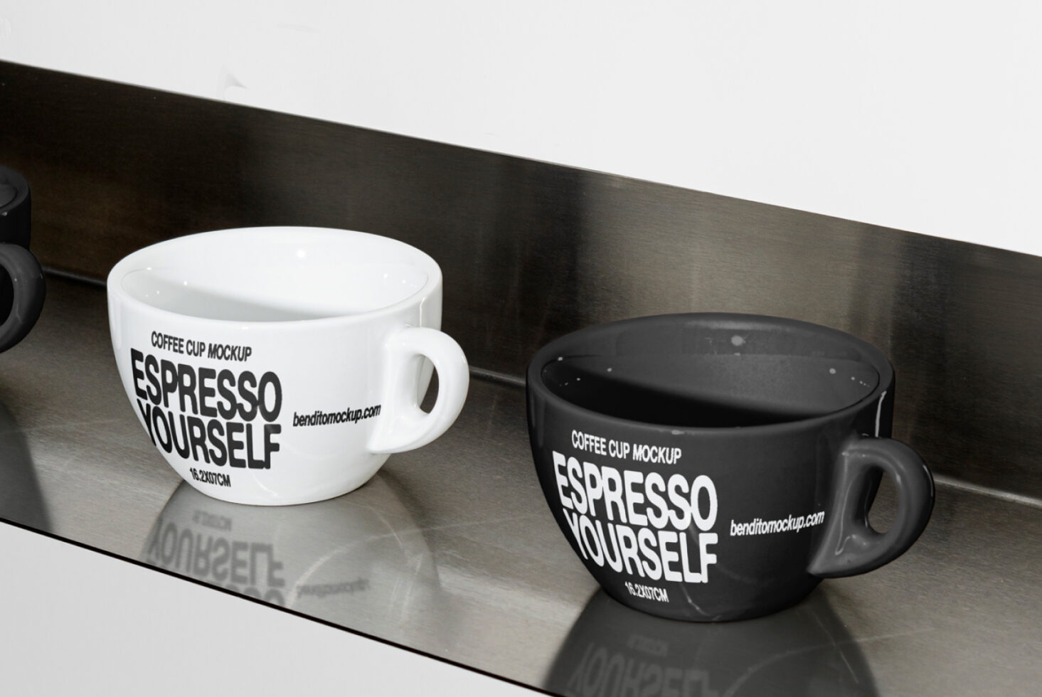 Coffee cup mockup featuring black and white cups on a reflective surface. Ideal for designers creating branding, promotional materials, and product displays.