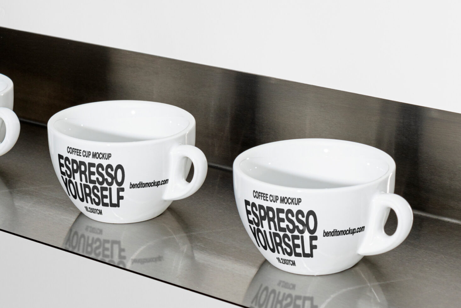 Espresso cup mockup on a sleek metallic surface perfect for branding. Ideal for designers seeking high-quality product presentation in digital assets. Mockup.