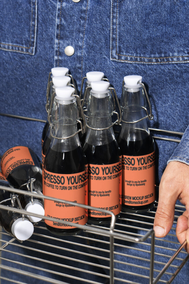 Cold brew coffee bottle mockup in wire basket denim background digital asset for designers product packaging template SEO keywords design mockups