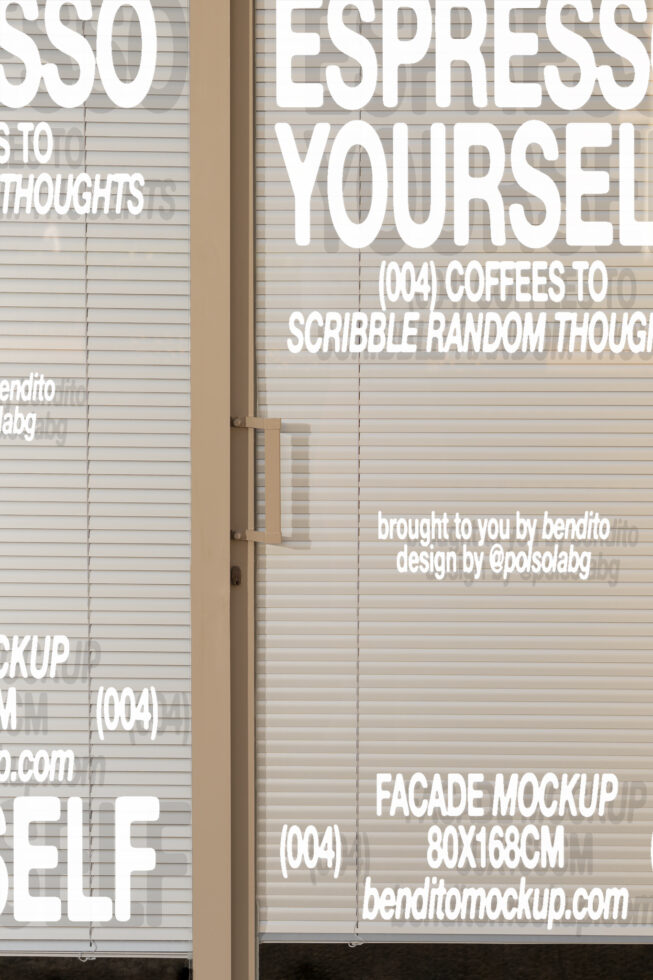 Facade mockup featuring bold white text on window blinds. Perfect for designers seeking realistic storefront presentations. Ideal for graphic design projects.