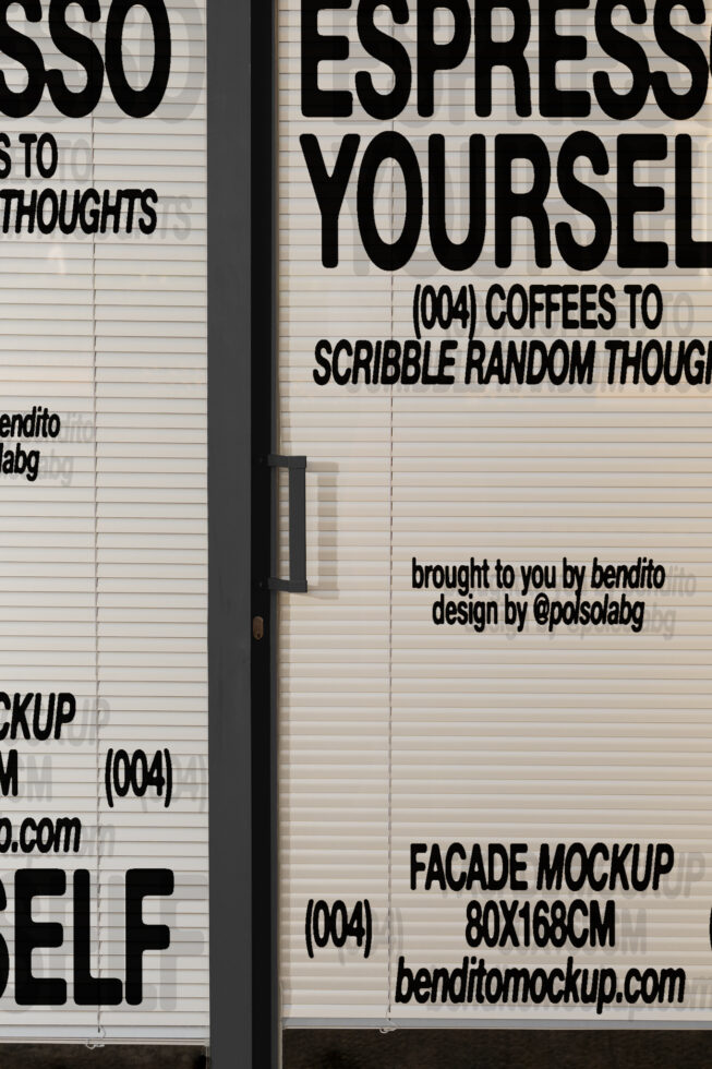 Facade mockup featuring bold black text on window blinds. Perfect for designers creating storefront graphics or signage presentations.