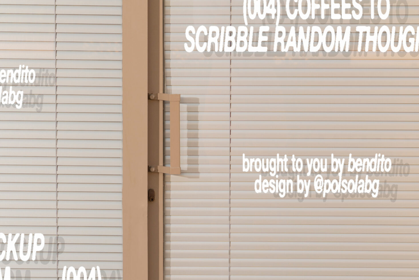 Window mockup showcasing white blinds with reflections. Text with design credit featured on glass. Ideal for graphic designers seeking realistic presentations.