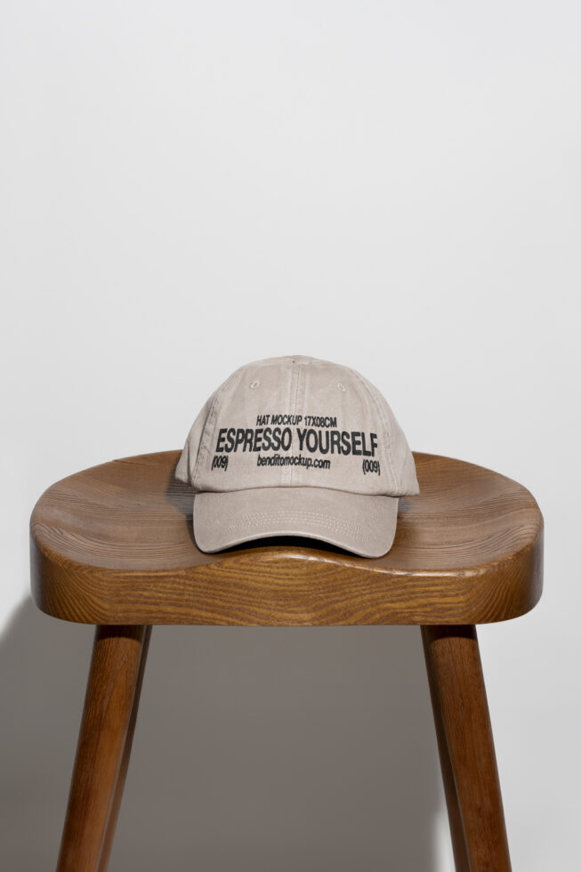 Hat mockup featuring a beige baseball cap on a wooden stool background. Ideal for branding, apparel design, and accessory presentations. Keywords: mockup, hat, design.