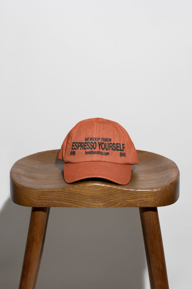 Mockup of orange baseball cap on wooden stool Minimalist design Suitable for apparel branding and hat template projects Ideal for graphic designers