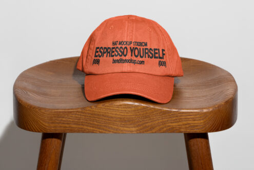 Orange cap mockup on a wooden stool for branding designs or apparel templates. Perfect for showcasing logo designs. Ideal for designers.