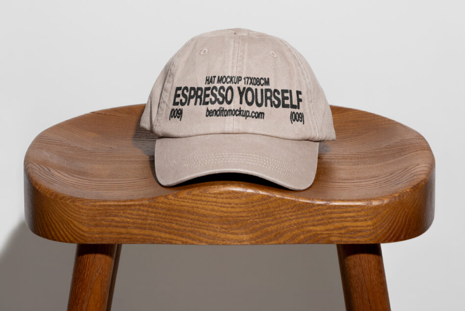 Tan baseball cap mockup displayed on a wooden stool emphasizing text design Espresso Yourself suitable for apparel graphics templates for designers.