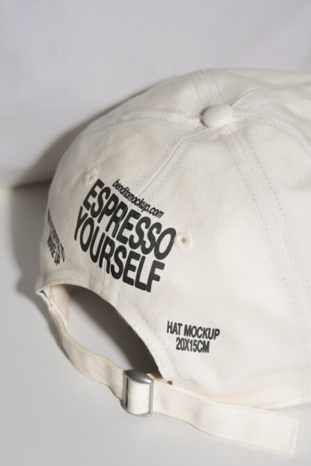 Beige hat mockup with text Espresso Yourself ideal for showcasing hat designs. Template for designers focusing on apparel graphics or branding.