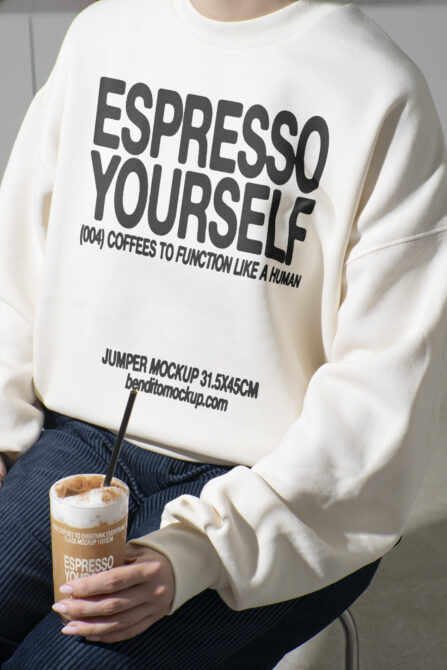 Mockup of a sweatshirt with black text Espresso Yourself suitable for apparel design showcasing. Ideal for designers focusing on fashion branding assets.