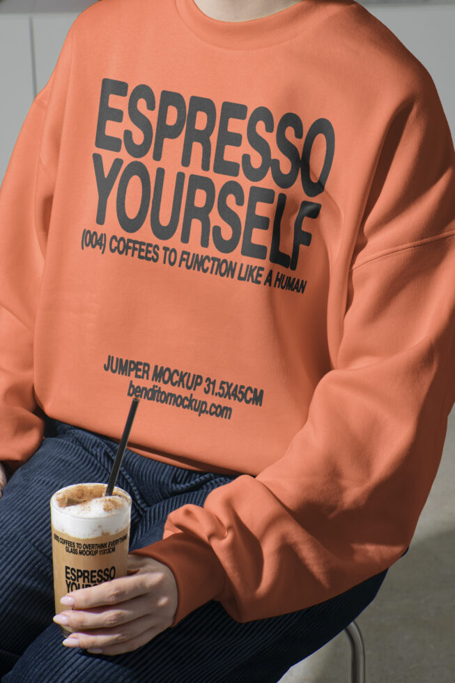 Orange sweatshirt mockup with bold espresso yourself text ideal for fashion design templates. Great for showcasing graphic design and brand marketing.