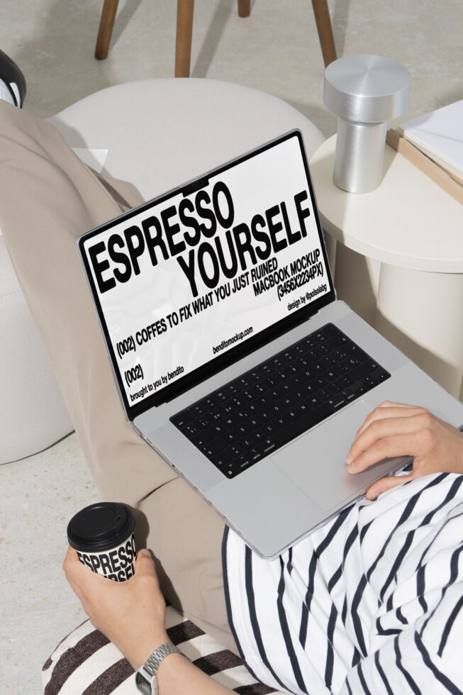 MacBook mockup with open laptop displaying Espresso Yourself text. Ideal for designers seeking modern digital assets. Perfect for branding presentations.