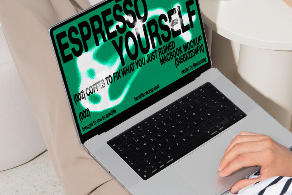 Laptop displaying a coffee-themed design mockup for designers featuring bold text with green background; ideal for creative branding and marketing projects.