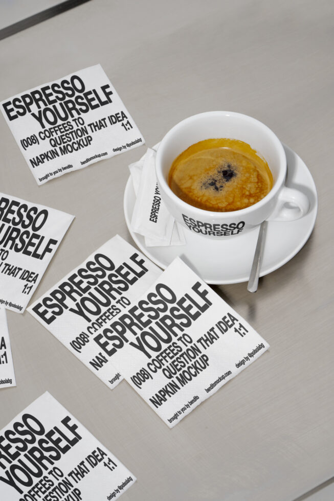 Coffee cup with napkin mockups featuring bold typography Espresso Yourself on a table. Ideal for designers creating branding or cafe-themed graphics.