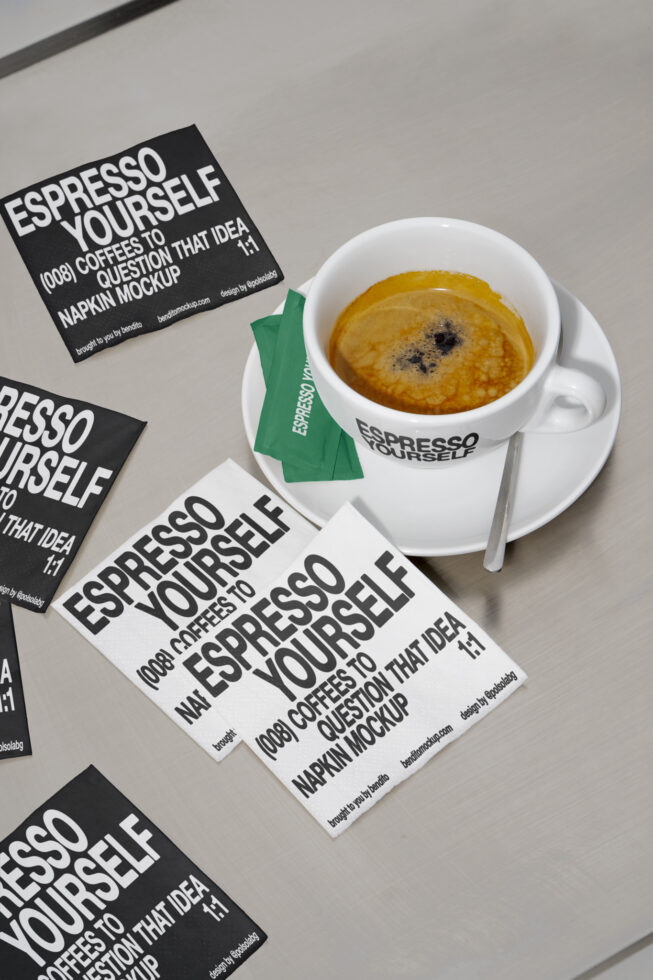 Coffee napkin mockup for designers featuring Espresso Yourself text with a cup of espresso and green sugar packets on a metal surface. Perfect for graphics.