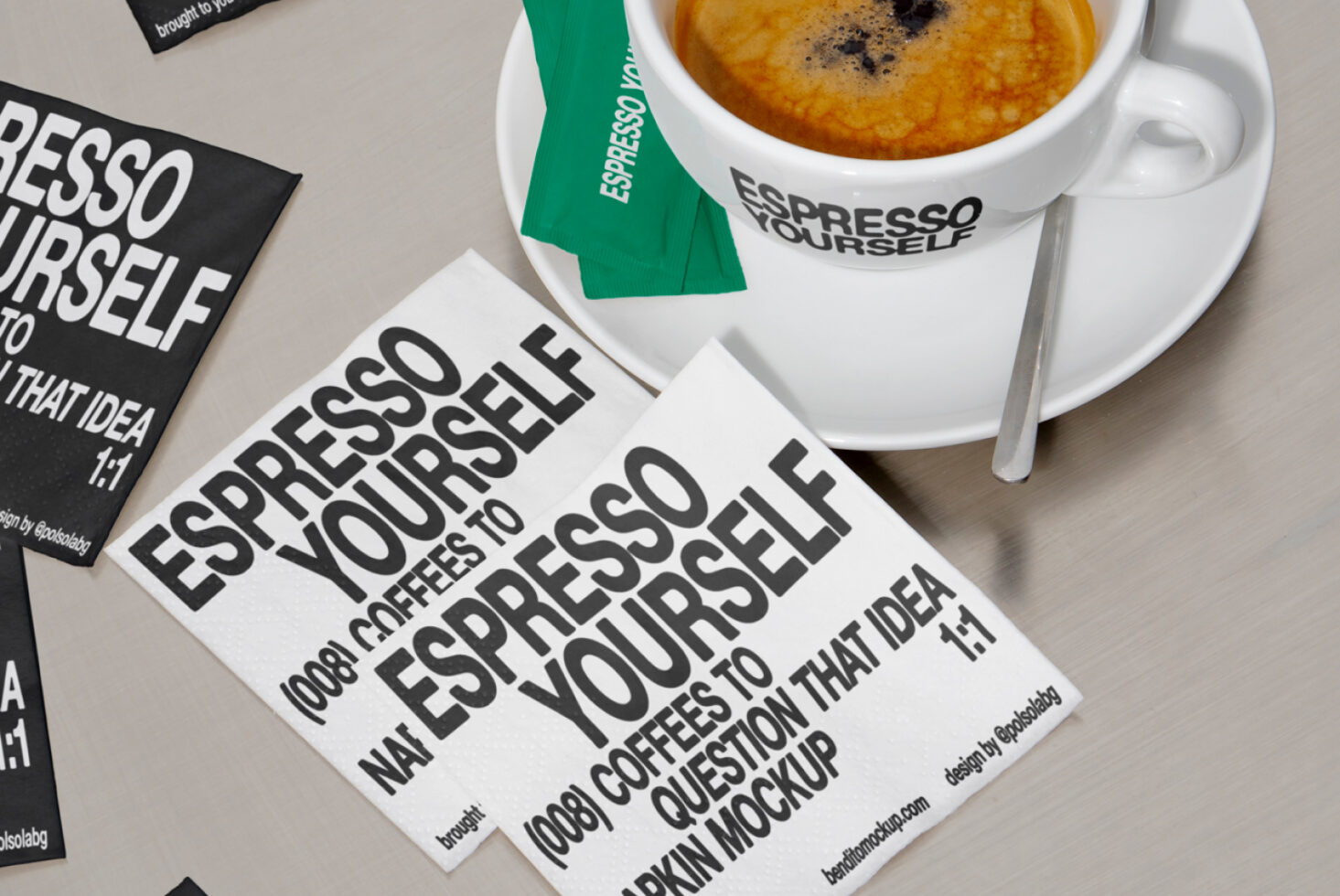 Espresso cup and napkins with bold typography reading Espresso Yourself perfect for mockup design showcasing cafe branding or graphic projects.