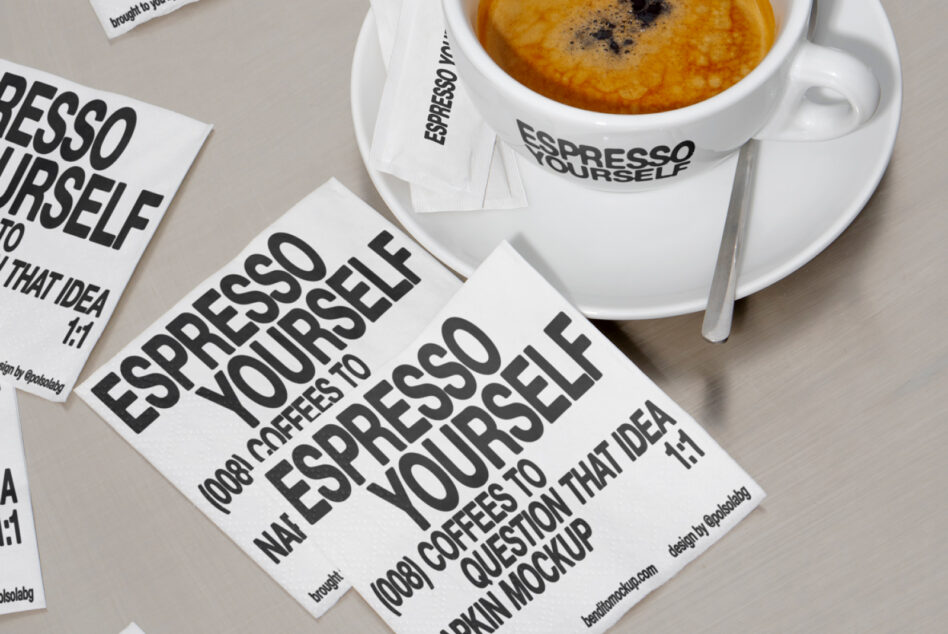 Coffee cup and napkin mockup with bold black fonts Espresso Yourself displayed on a sleek table perfect for designers seeking creative typography assets.