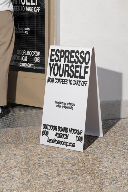 Outdoor board mockup propped against a textured wall. Clean design with bold text Espresso Yourself ideal for cafes SEO keywords: mockup design signage.