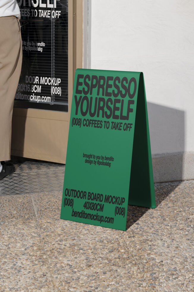 Outdoor board mockup with green A-frame design for cafe branding Espresso Yourself. Perfect for graphic designers creating storefront signage templates.