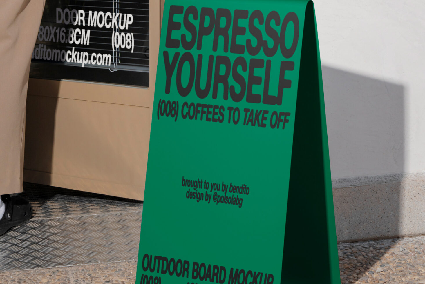 Outdoor board mockup featuring vibrant green sign with bold black text Espresso Yourself designed for cafes easy customization perfect for designers