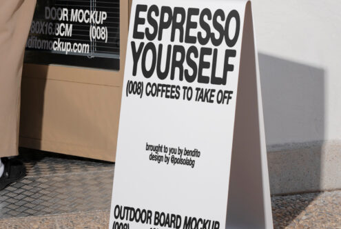 Outdoor signboard mockup displayed on a sidewalk reads Espresso Yourself. Ideal for showcasing branding design. Keywords: signage mockup, design asset.