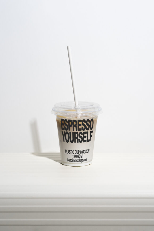 Plastic cup mockup with straw on white background perfect for designers and creatives. Espresso Yourself branding for packaging design templates and graphics