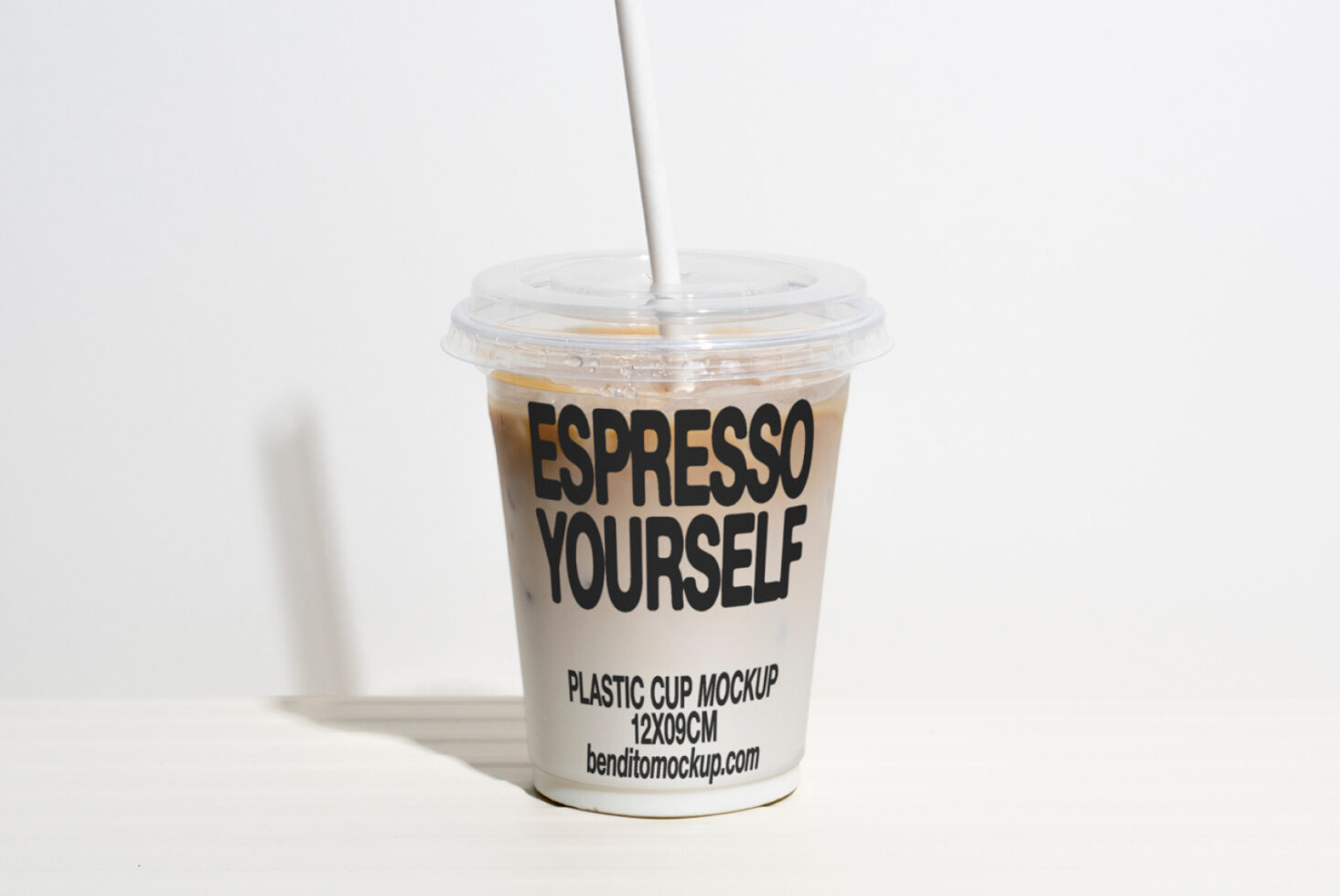 Plastic cup mockup with espresso graphic text ideal for designers. High-resolution customizable template for branding and product presentations.