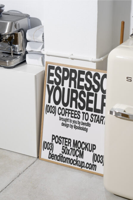 Poster mockup with bold typography reading Espresso Yourself near a coffee machine and fridge. Perfect for design presentations. Keywords: mockup graphic design.