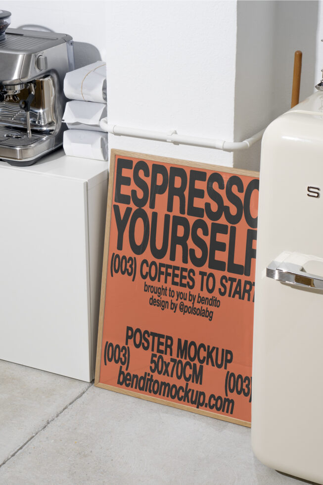 Poster mockup featuring bold typography design leaning against a wall near a coffee machine and a retro fridge. Perfect for design presentations.