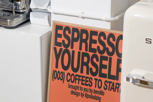 Poster design in a kitchen setting featuring bold typography reading Espresso Yourself next to a coffee machine. Ideal for graphic designers and templates.