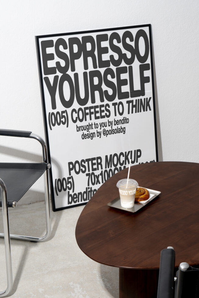 Modern poster mockup featuring bold typography Espresso Yourself beside a wooden table with coffee and pastry; ideal for designers seeking typography graphics.